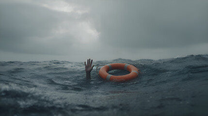 Drowning person reaching for lifebuoy in stormy sea