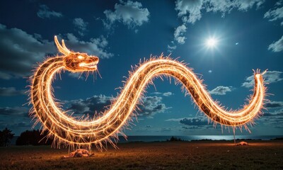 Naklejka premium Illuminated dragon sculpture made of sparklers under a starry night sky