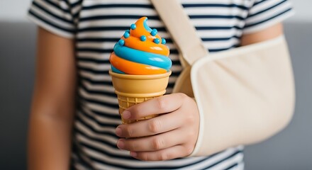 Child with Broken Arm Holds Colorful Toy Ice Cream Cone Smiling after Doctor Visit Recovery From Injury for a Young Patient