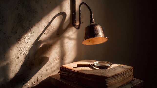 An antique magnifying glass rests on a stack of aged books, illuminated by a vintage wall lamp casting dramatic shadows on a textured wall. - Powered by Adobe