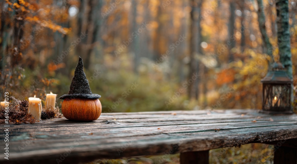 Poster a cozy autumn scene featuring a pumpkin with a witch hat on a rustic table surrounded by flickering 