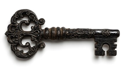 An ornate, antique black key rests elegantly against a plain white background.