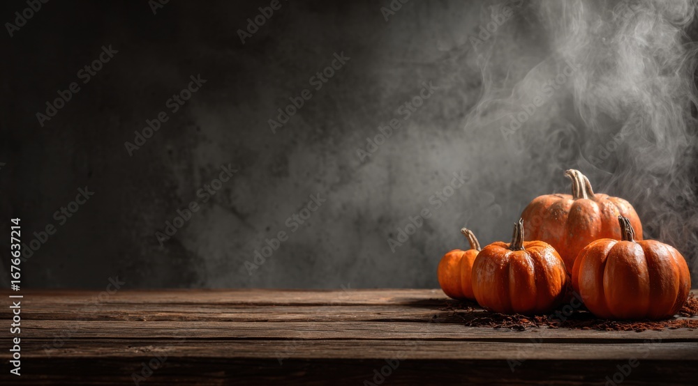 Poster a captivating display of glowing orange pumpkins on a rustic wooden table with a mysterious foggy ba