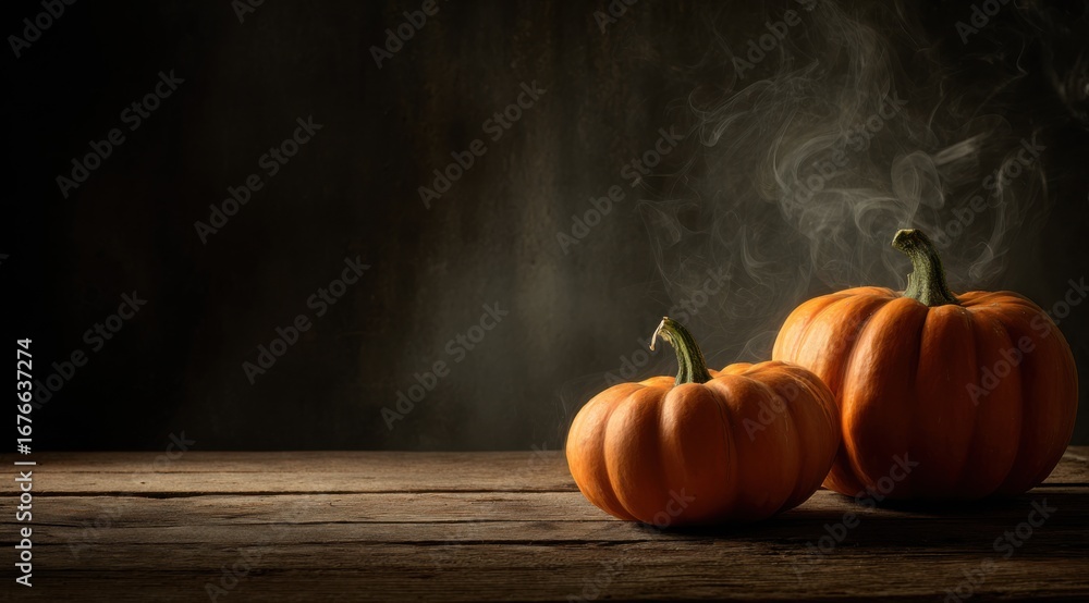 Poster a vibrant display of pumpkins set against a mysterious dark background with wisps of smoke adding an