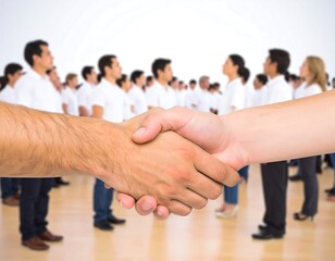Business handshake in a large group