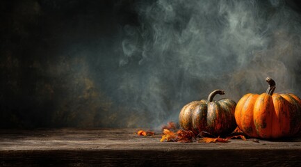 Eerie Autumn Scene Featuring Two Pumpkins Surrounded by Fog and Fallen Leaves on a Rustic Wooden Table
