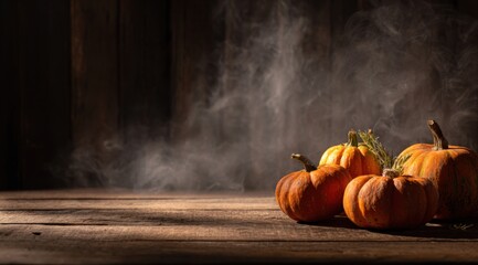 Autumn Harvest: A Display of Freshly Picked Pumpkins on a Rustic Wooden Table Surrounded by Gentle Mist and Warm Ambient Light