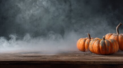 A Spooky Autumn Scene Featuring Orange Pumpkins Surrounded by Mystical Fog and a Dark, Atmospheric Background for Seasonal Decor