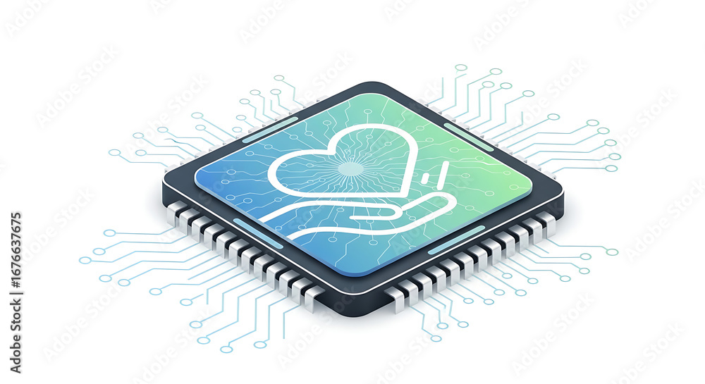 Poster isometric view of a microchip with a heart in hand graphic on a white background illustration