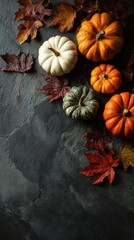 Colorful Autumn Pumpkins Surrounded by Vibrant Fallen Leaves on a Dark Stone Background, Perfect for Celebrating Fall Harvest Themes