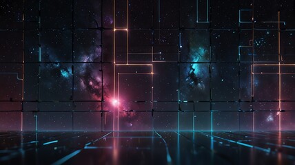 Obraz premium Abstract AI-generated artwork. Glowing lines intersect over a dark, cosmic backdrop, reflecting on a futuristic surface. Ideal for technology, science fiction, or fantasy themes.
