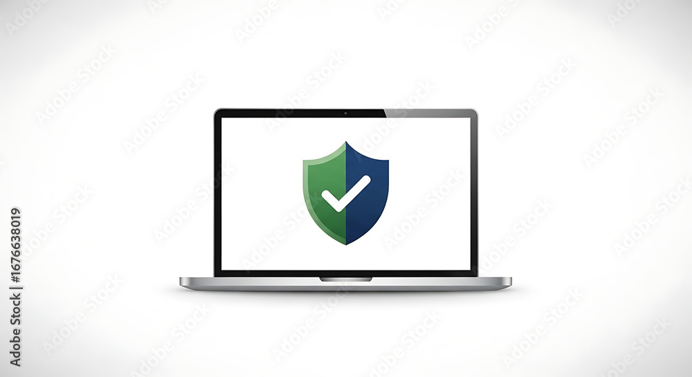 Poster laptop displaying a green and blue shield with a checkmark on a white background for cybersecurity