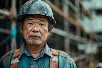 ヘルメット姿で困惑した表情を見せる日本人建設作業員