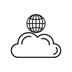 Digital Cloud and World: A minimalist illustration showcases a digital cloud topped with a stylized globe, symbolizing interconnectedness, global data, and the essence of technological advancements.