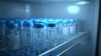 Glass vials with blue caps storing medical substances in refrigerator