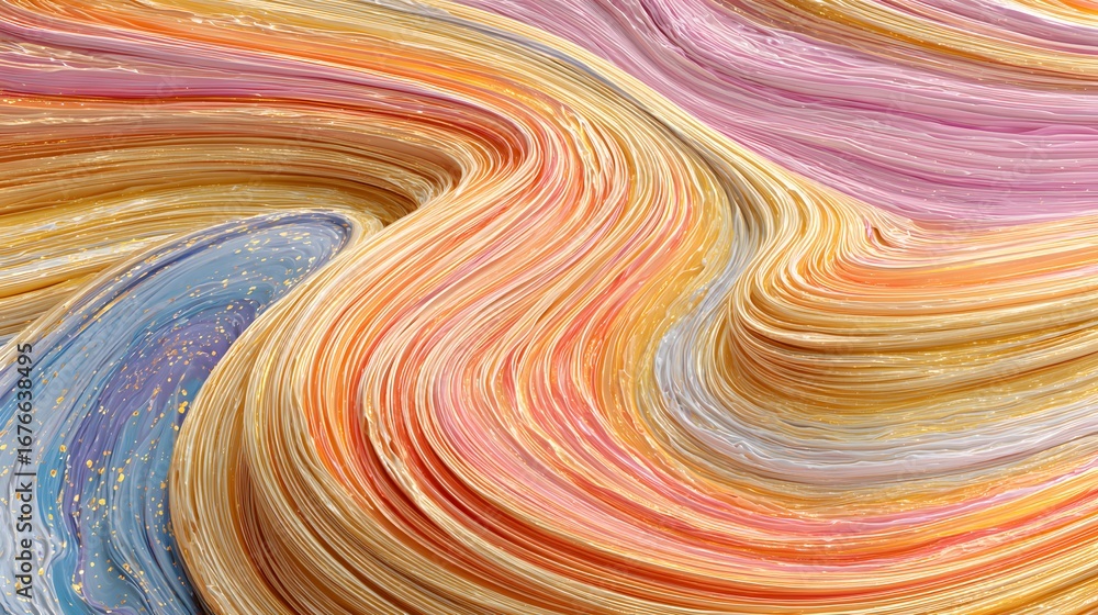 Poster a vibrant abstract design showcases swirling layers of pastel hues and gold flecks, creating a dynam