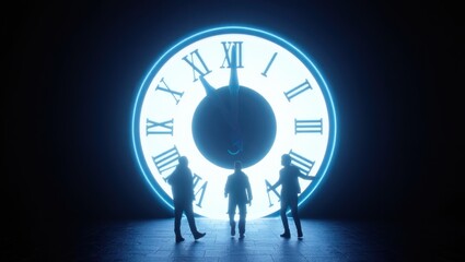 Three tiny people stand beneath a giant glowing clock face with roman numerals