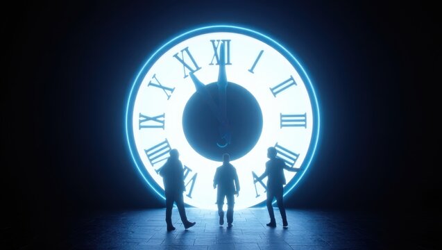 Three tiny people stand beneath a giant glowing clock face with roman numerals - Powered by Adobe