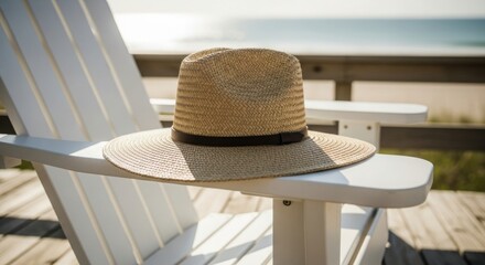 Straw hat resting on white Adirondack chair with ocean and beach background woven hat sun hat