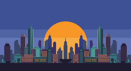 Obraz premium Symmetrical Cityscape Silhouette with a Large Rising Sun and Varied Building Heights