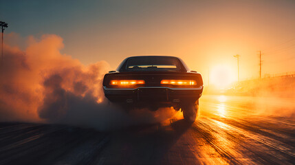 Classic muscle car burning rubber at sunset on drag strip