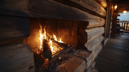 Obraz premium Cozy fireplace with warm flames illuminating a rustic log cabin setting.