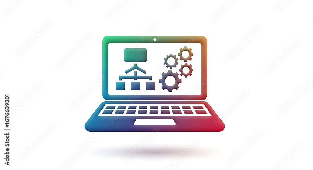 Fototapete colorful laptop displaying a flowchart and gears on a white background in a digital rendering