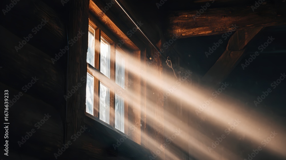 Poster sunlight streams through a window, illuminating a rustic wooden interior, showcasing a warm and invi