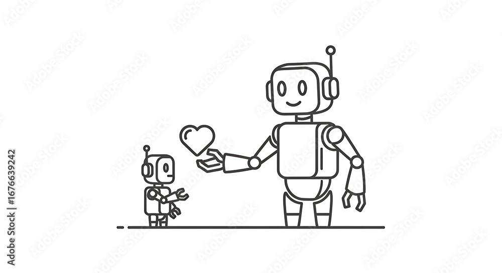 Poster A large robot giving a heart to a smaller robot on a white background in a line drawing style