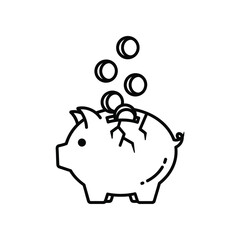 Broken Piggy Bank: A line art illustration depicts a cracked piggy bank with coins falling out, symbolizing financial loss and broken savings