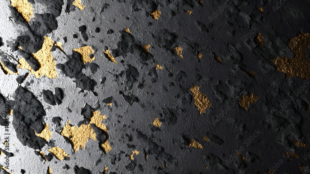 Poster a detailed surface texture design features dark gray and black tones, with flecks of gold, creating 