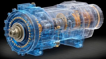 Futuristic 3D Transparent Blueprint of Industrial Engine Showing Gears, Shafts, and Mechanical Parts in Detailed Engineering Design
