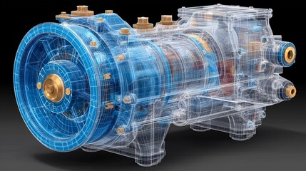 High-Tech Transparent Blueprint of Mechanical Engine with Rotating Components, Precision Gears, and Futuristic Industrial Design
