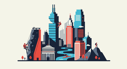 Obraz premium Urban Adventure: Cityscape with Climbers, Kayaker, and Hiker.