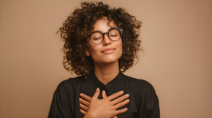 Young woman with glasses holding hands on chest and smiling with closed eyes