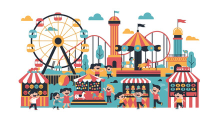 Vibrant amusement park scene with children, rides, and game booths illustration