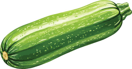 A green zucchini vegetable with water droplets on its surface on transparent background