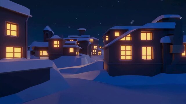 Low-poly snowy village with warm window lights
