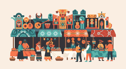 Vibrant Cultural Market Scene with Diverse People and Artisans