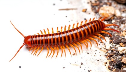 Obraz premium Close-up of a vibrant millipede crawling over soil and debris in a natural setting