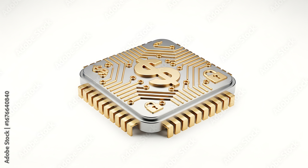 Poster a close up of a microchip with a dollar sign and lock icons on a white background in a studio shot