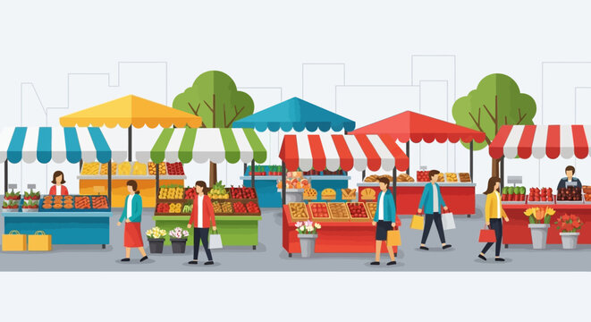 Vibrant outdoor market scene with colorful stalls and diverse shoppers