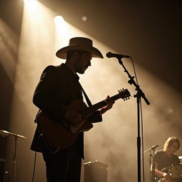 Silhouette of a country musician playing guitar on stage with spotlight and microphone