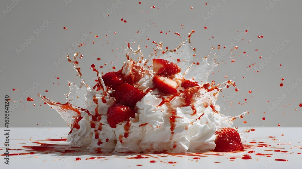 Poster a delightful dessert creation explodes in a vibrant display of whipped cream, fresh strawberries, an
