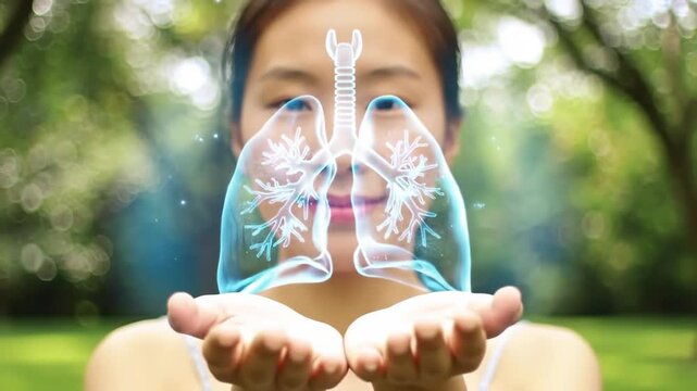 Healthy Lungs Woman's Hands Holding Animated Respiratory System