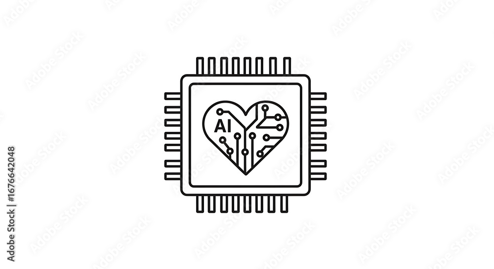 Poster a minimalist line art illustration of a microchip with a heart and ai symbol on a white background
