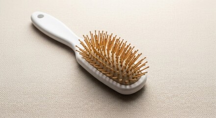 White hairbrush with wooden pins on a textured beige surface hair care grooming