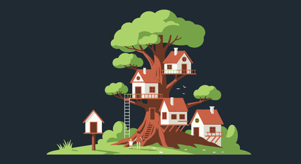 Whimsical Treehouse Village with Ladder, Birdhouse, and Playful Figures