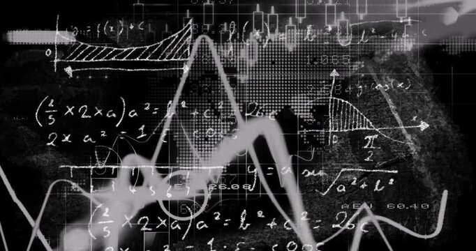 This video features mathematical formulae appearing on a black and white background