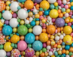 Fototapeta premium A vibrant and colorful assortment of mixed candy sprinkles, nonpareils, and sugar balls creating a sweet festive background for celebrations and baking